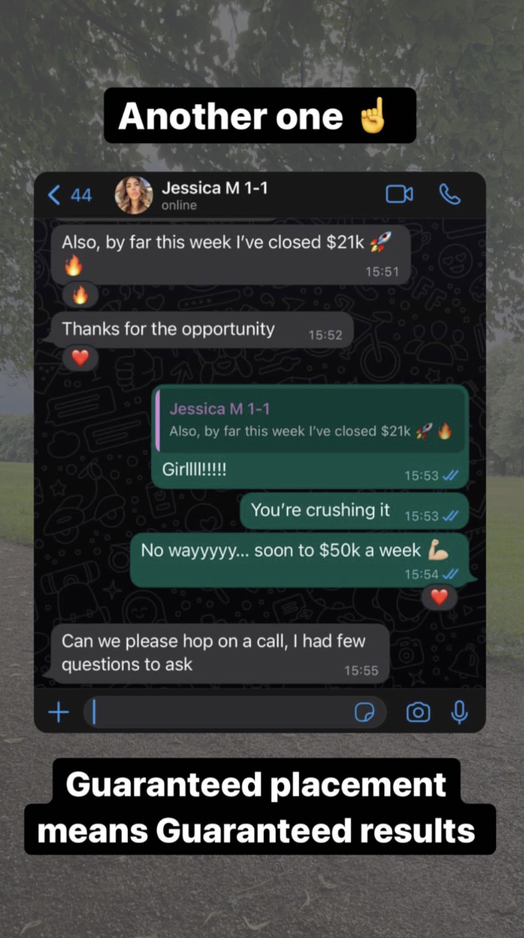 Student Jessica closed $21k in one week