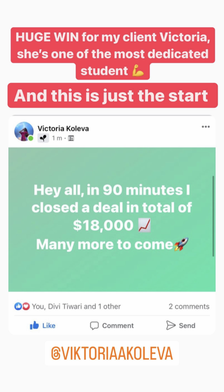Student Victoria closed an $18,000 deal in 90 minutes