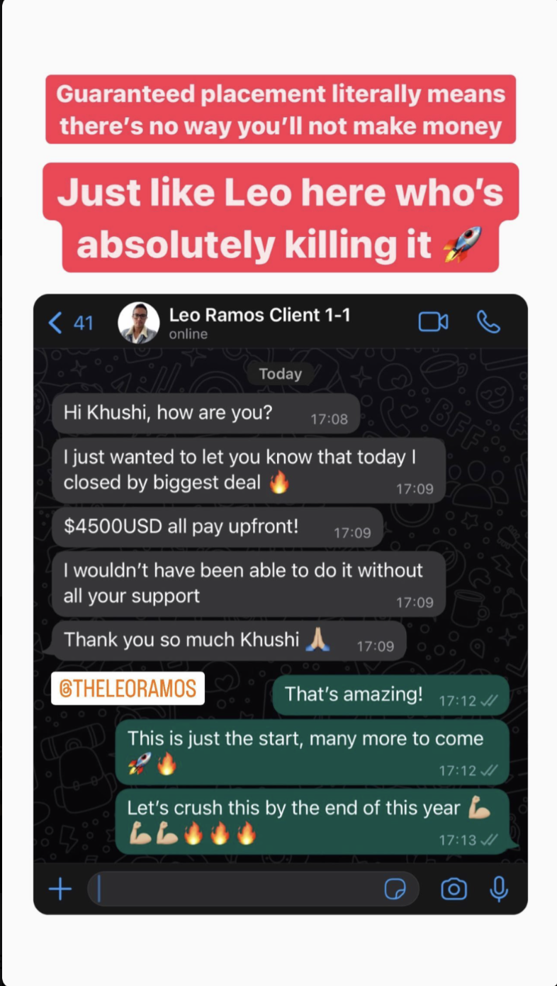 Student Leo closed a $4,500 deal paid upfront